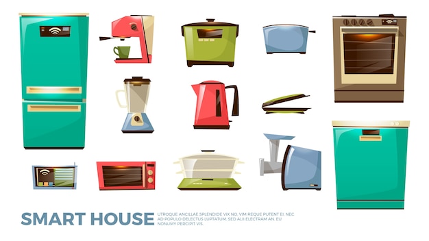 Cartoon kitchen modern electric appliances set. household cooking equipment