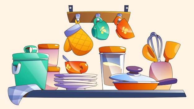 Бесплатное векторное изображение Кухонная полка из мультфильмов с посудой для приготовления пищи