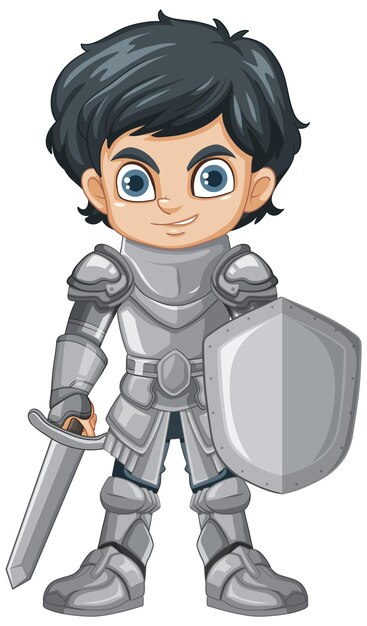 Мультяшный рыцарь мальчик держит меч и щит