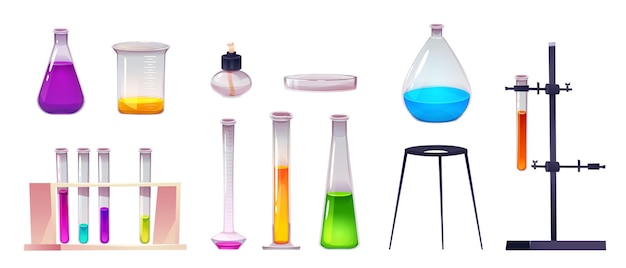 Cartoon laboratory beaker science chemistry lab flask vector glass equipment isolated on background scientific text container icon medicine object collection of bottle to measure liquid potion