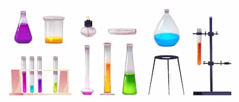 Free vector cartoon laboratory beaker science chemistry lab flask vector glass equipment isolated on background scientific text container icon medicine object collection of bottle to measure liquid potion