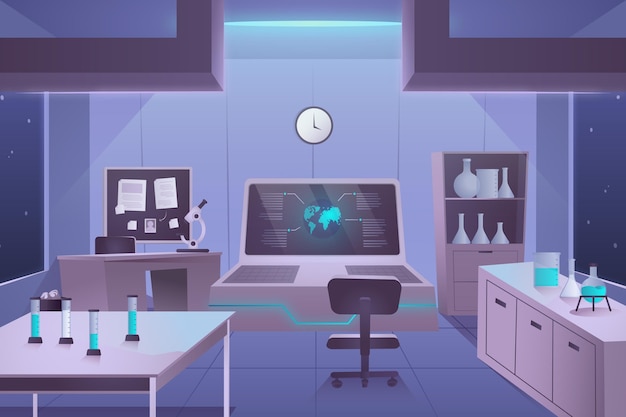 Бесплатное векторное изображение Мультфильм лабораторный зал с оборудованием
