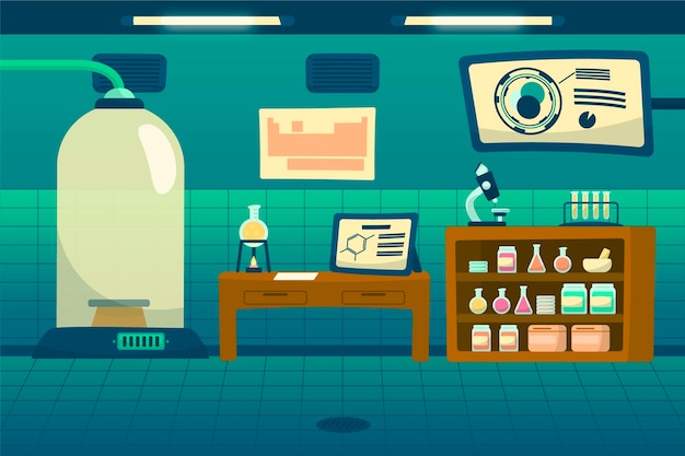 Cartoon laboratory room with scientific elements