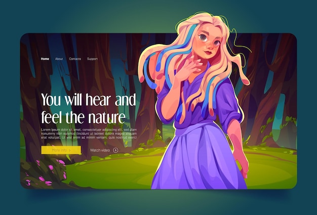 Cartoon landing page with beautiful girl on nature