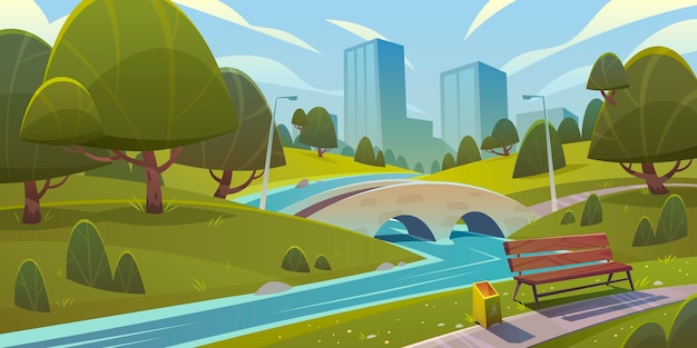 Cartoon landscape of city park with river bridge empty bench\
and buildings in background vector illustration