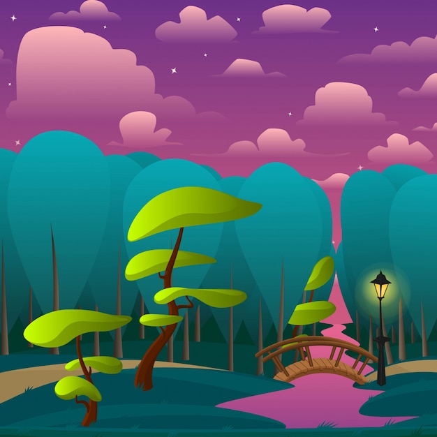 Vettore gratuito vector paesaggio del parco di notte con alberi di piccolo ponte sul fiume e lampada illustrazione vettoriale in stile cartone animato