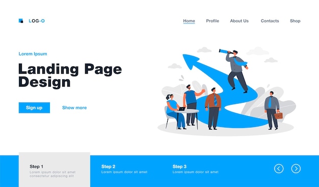 Cartoon leadership and teamwork in business challenge landing page in flat style