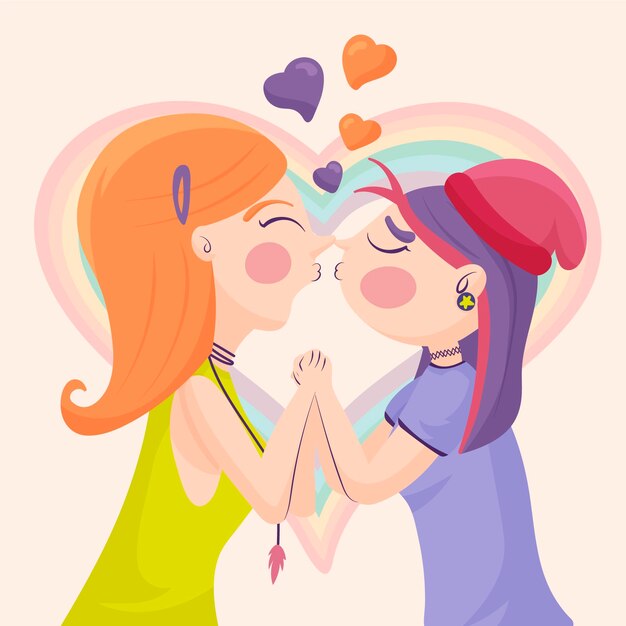Cartoon lesbian couple kiss illustration