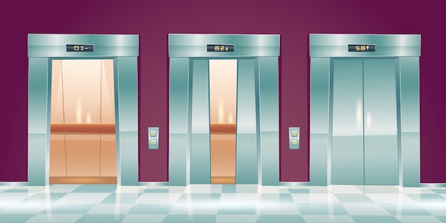 Бесплатное векторное изображение Мультяшные двери лифта, пустые лифты в коридоре офиса с закрытыми, приоткрытыми и открытыми дверными проемами. интерьер вестибюля с пассажирской или грузовой кабинами, кнопочной панелью и иллюстрацией индикатора пола