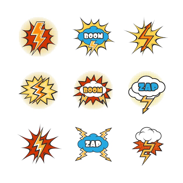 Cartoon lightnings and explosion set