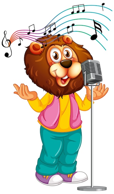 Free vector cartoon lion singing with microphone