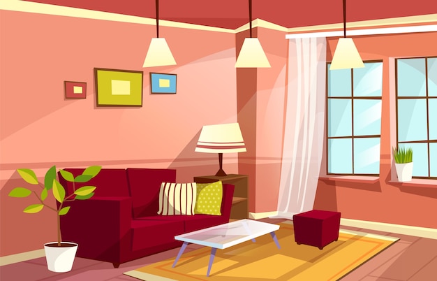 Cartoon living room interior background template. Cozy house apartment concept.