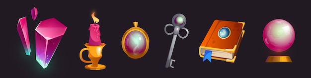 Cartoon magic items. Icons game interface, isolated witch stuff.