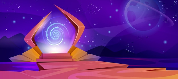 Portale magico dei cartoni animati con luce al plasma viola con vortice