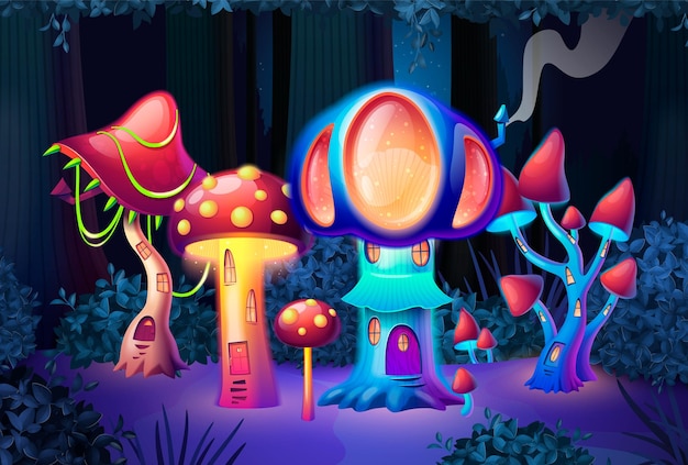 Free vector cartoon magic village in forest with colorful mushroom houses glowing in darkness vector illustration