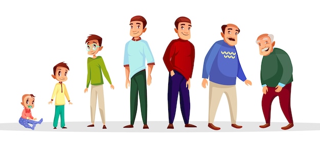 Cartoon male character growth and aging process.