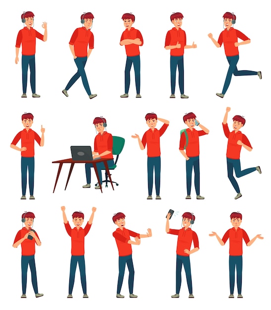 Free vector cartoon male teenager character. teenage boy in different poses and actions