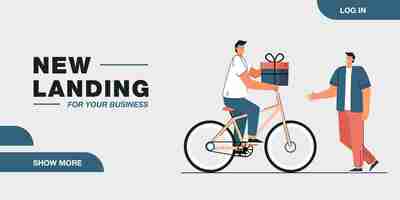 Free vector cartoon man on bicycle delivering gift to customer or boyfriend. male character giving gift box to guy flat vector illustration. relationship, romance, birthday or delivery service concept for banner