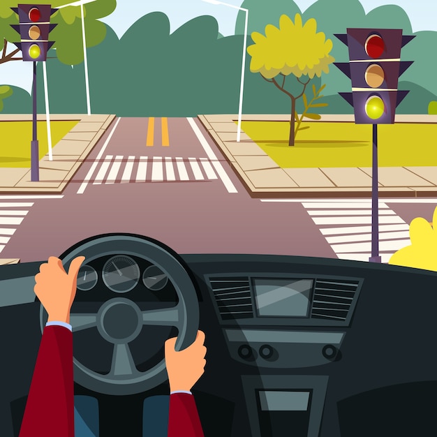 Cartoon man hands on car wheel driving vehicle on street crossroad background.