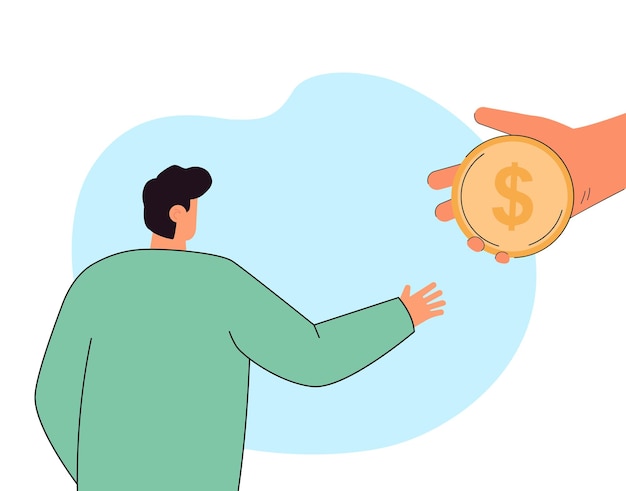 Free vector cartoon man reaching for gold coin in big hand. male character taking loan in bank or borrowing money from friend flat vector illustration. financial help, debt concept for banner or landing web page