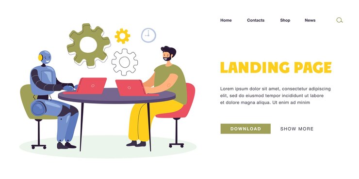 Free Vector cartoon man and robot sitting at laptops in workplace together. male character using ai as workforce flat vector illustration. friendship, digital technology, future concept for banner, website design