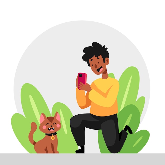 Cartoon man taking a photo of his cat