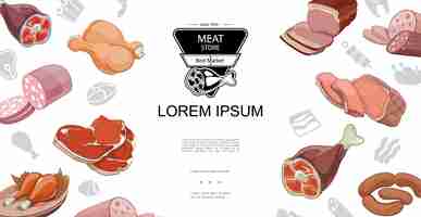 Free vector cartoon meat food colorful concept with pork knuckle beef steak roast chicken legs ham bacon salami  illustration,