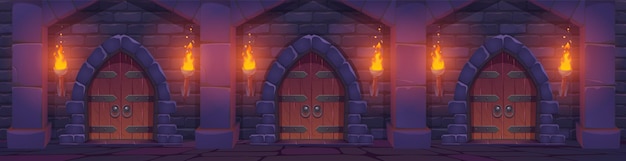 Free vector cartoon medieval castle dangeon with wooden doors