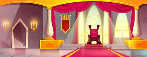 Free vector cartoon medieval castle with empty ballroom with king throne