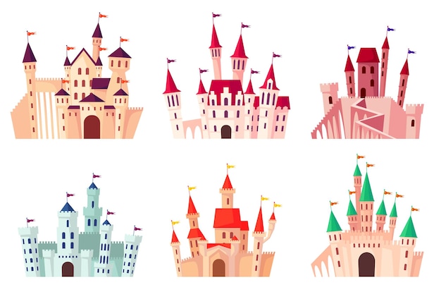 Бесплатное векторное изображение Набор иллюстраций средневековых замков шаржа.