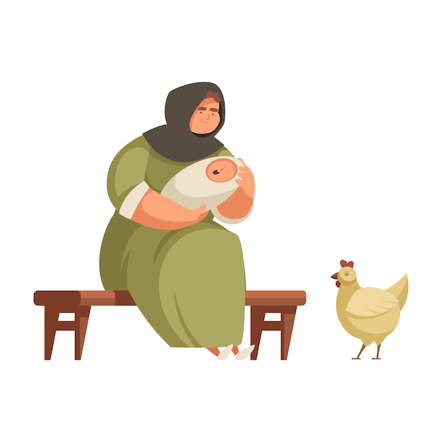 Cartoon donna contadina medievale che culla bambino