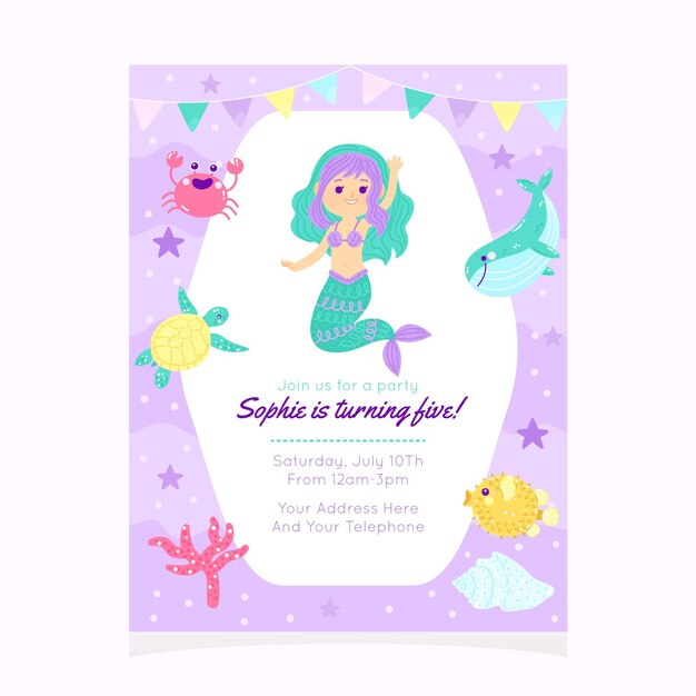 Шаблон приглашения на день рождения мультяшной русалки
