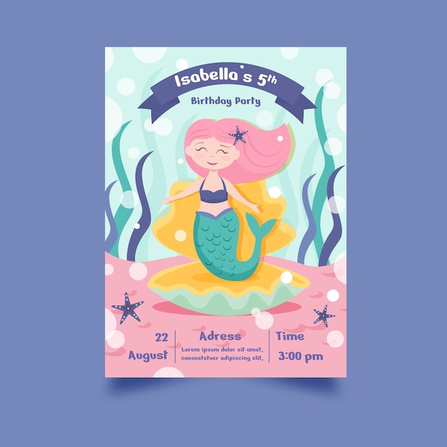 Free vector cartoon mermaid birthday invitation