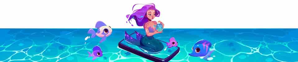 Free vector cartoon mermaid floating on sea water surface with bubble in hands surrounded by happy fishes vector illustration of fantasy female creature with purple hair and fishtail fantastic character