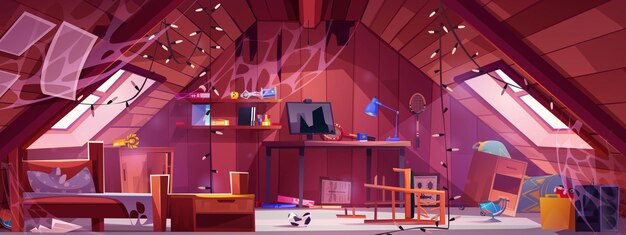cartoon messy and abandoned teenage boy bedroom in attic of house with damaged furniture and accessories for active sports vector dirty junk room with crashed bed and chair garbage and cobweb