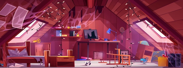cartoon messy and abandoned teenage boy bedroom in attic of house with damaged furniture and accessories for active sports vector dirty junk room with crashed bed and chair garbage and cobweb