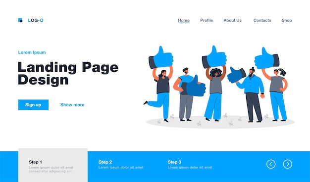 Cartoon metaphor of customer review, quality feedback landing page in flat style