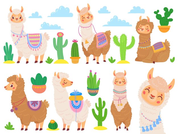 Cartoon mexican alpaca. Funny llamas, cartoon cute animal and llama with desert cactus