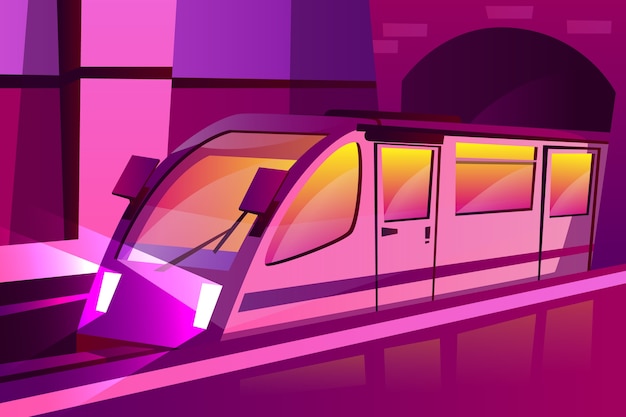 cartoon modern subway, underground speed train in futuristic purple color style