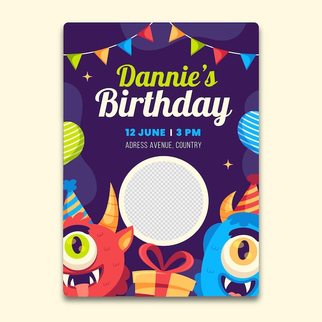 Free vector cartoon monster birthday invitation template with photo