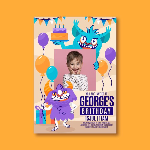 Cartoon monster birthday invitation template with photo