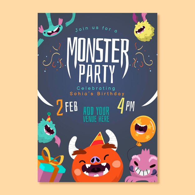 Cartoon monster birthday invitation template