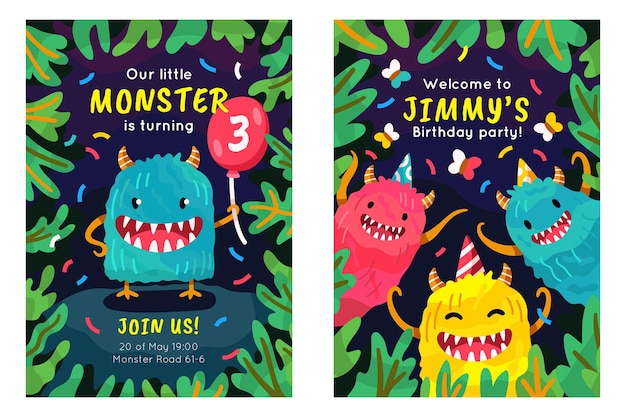 Free vector cartoon monster birthday invitation template