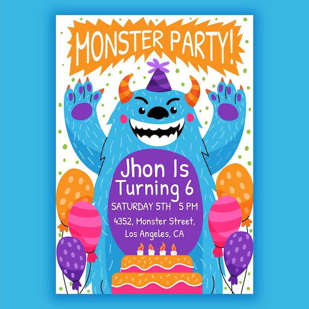 Free vector cartoon monster birthday invitation template