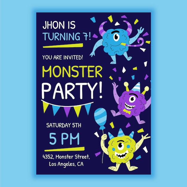 Cartoon monster birthday invitation template