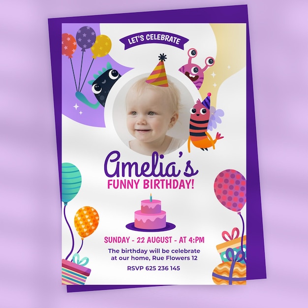 Free vector cartoon monster birthday invitation with photo