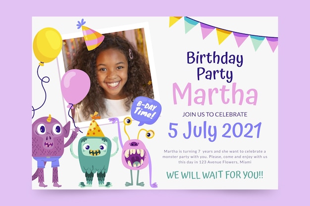 Free vector cartoon monster birthday invitation with photo