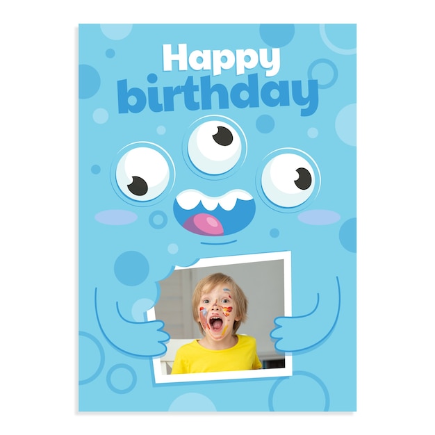 Free vector cartoon monster birthday invitation with photo