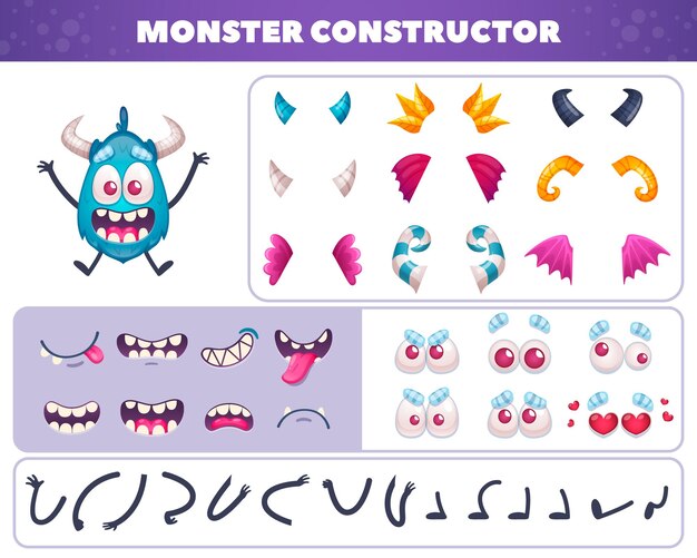 Набор смайликов мультяшных монстров из отдельных элементов для создания забавного каракули с глазами и ртами