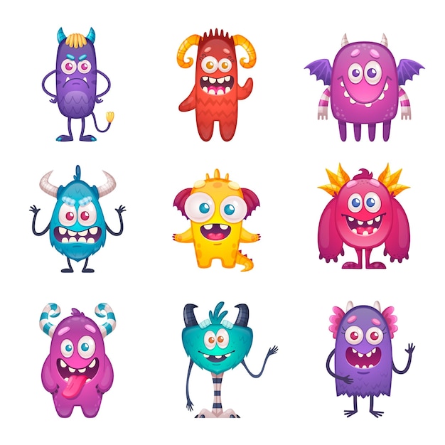 Free vector cartoon monster set with nine isolated characters on blank background with funny doodle style emoticon beasts vector illustration